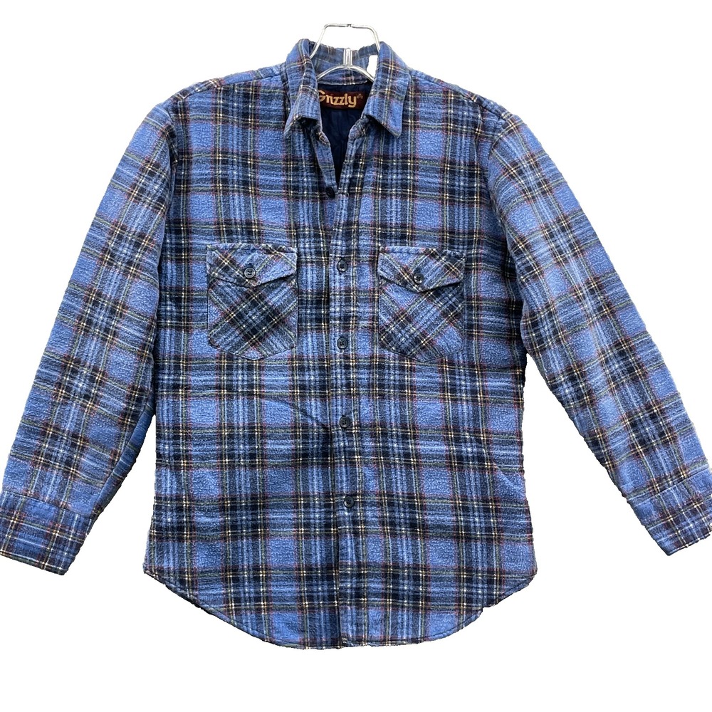 Vintage Grizly Flannel Shacket Youth Medium Blue Quilt Lined Outdoor Camp‎ Hike